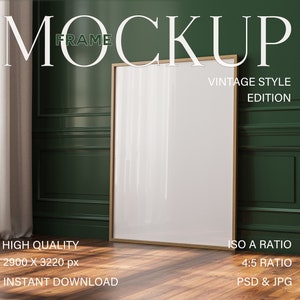 Rahmenmockup Wandkunst, Poster Attrappe, DIN A Bilderrahmen für Digitaldrucke, Dunkelgrünes Interieur für Kunstwerke, PSD Smart Layers