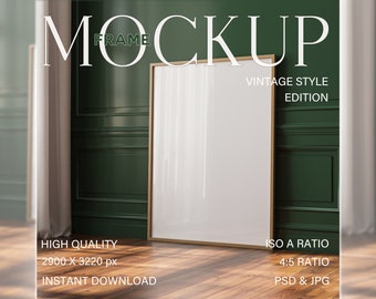 Frame mockup Wall Art, Poster mock up on floor, DIN A frame for digital prints, Dark Green interior for Artwork display, PSD smart layers