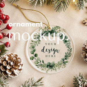 Maquette de décoration de Noël, ornement en acrylique avec ficelle dorée, maquette d'ornement en verre pour Canva (PNG) et objet dynamique (PSD) Photoshop