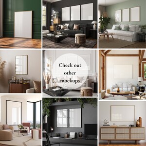 May include: A collage of nine images showcasing different interior design styles featuring framed artwork mockups. The images include a living room with a black sofa, a bedroom with a white bed, a home office with a desk, and a dining room with a table. The artwork is displayed in various sizes and arrangements, providing inspiration for home decor.