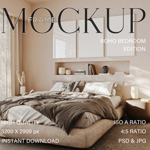Frame mockup Bedroom, 3 white Frame for wall art, Set of three framed poster mock up, Mockup print in modern interior with bed, Photoshop