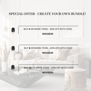 Peut inclure: Un canap&eacute; blanc avec un coussin blanc et un coussin de couleur p&ecirc;che. Le texte sur l'image indique : "OFFRE SP&Eacute;CIALE - CR&Eacute;EZ VOTRE PROPRE LOT !"  "ACHETEZ 4 ARTICLES OU PLUS - 30 % DE REMISE AVEC LE CODE MOUSE30"  "ACHETEZ 6 ARTICLES OU PLUS - 40 % DE REMISE AVEC LE CODE MOUSE40"  "ACHETEZ 10 ARTICLES OU PLUS - 50 % DE REMISE AVEC LE CODE MOUSE50"