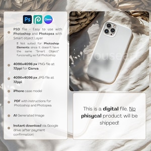 May include: A white iPhone case with a matte finish, resting on a neutral-toned surface. The image includes text detailing the digital product, including file types, software compatibility, and a disclaimer stating no physical product will be shipped.