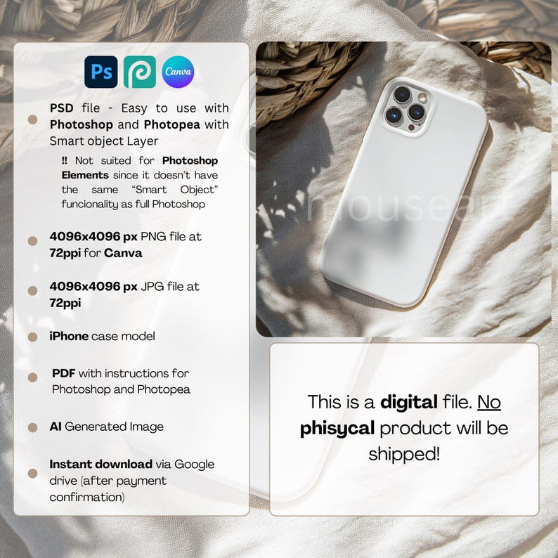 May include: A white iPhone case with a matte finish, resting on a neutral-toned surface. The image includes text detailing the digital product, including file types, software compatibility, and a disclaimer stating no physical product will be shipped.
