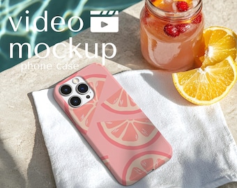 Phone Case Video Mockup: Summer mobile cover template (PSD Digital Download), Tough iPhone 13-17 case Mock up, Photoshop Canva
