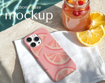 iPhone Case Mockup: Summer Poolside Display (Digital Download PSD), Tough phone cover Mock up, Clear Case template for Canva PNG
