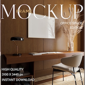 Office Frame mockup Horizontal, 2:3 Landscape frame for wall art, One Poster prints mock up, Modern Interior scene for Wall Art, Photoshop