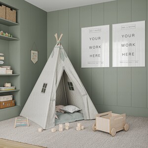 Two white frame mockup in Kids room.
Display your artwork in this neutral nursery interior frame mockup and post it on your shop and social media. Perfect for small business artists who create art prints and posters.