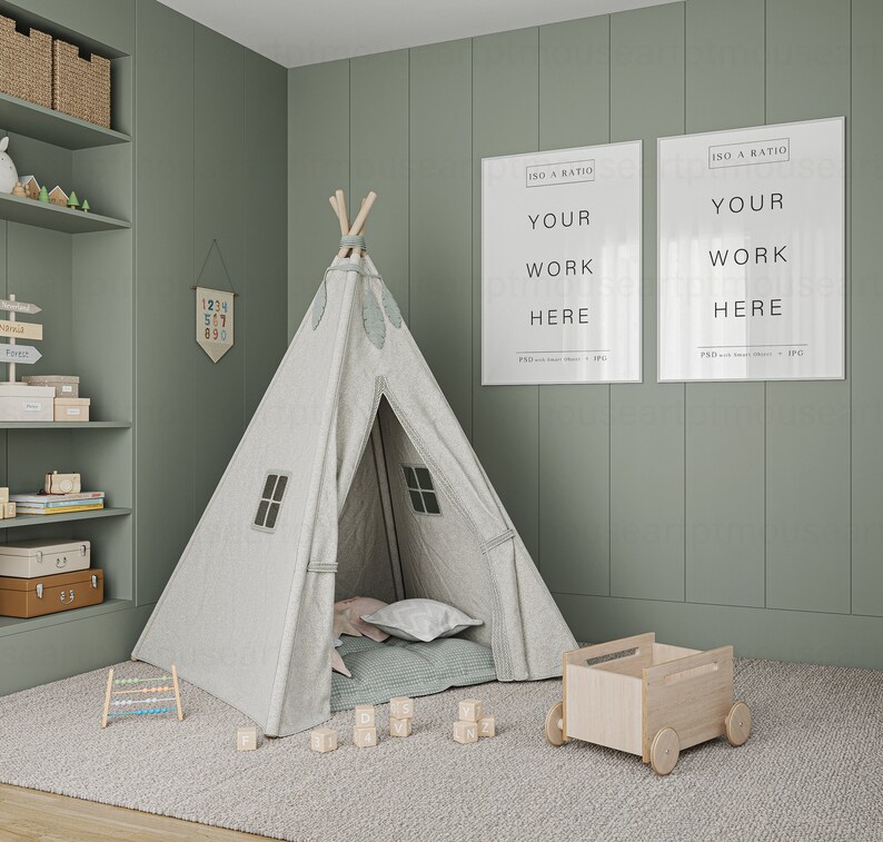 Two white frame mockup in Kids room.
Display your artwork in this neutral nursery interior frame mockup and post it on your shop and social media. Perfect for small business artists who create art prints and posters.