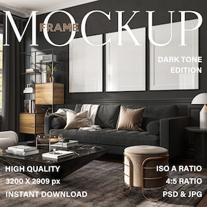 3er-Rahmen-Modell, 3er-Set Bilderrahmen im schwarzen Wohnzimmer-Interieur, Posterrahmen-Modell für Drucke, Wandkunst-Modell im modernen Interieur, PSD