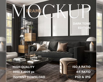 3 frame mockup, Set of Three frames in black living room interior, Poster Frame mock up for prints, Wall art mockup in modern interior, PSD