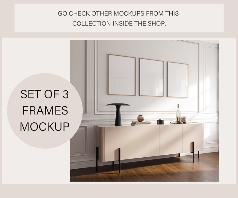 May include: A set of three empty picture frames with a light wood finish, hanging on a white wall above a light pink cabinet with black legs. The cabinet is sitting on a wood floor. The frames are all the same size and are arranged in a row.