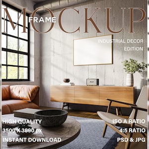 Horizontal frame mockup in Industrial living room interior, 3:2 Landscape frame for artwork and print display, Wooden framed poster mockup