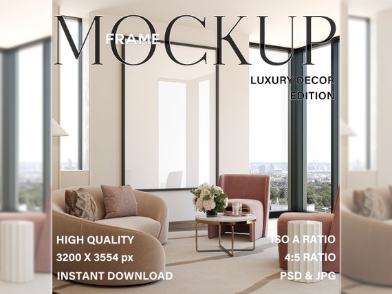 Black Frame Mockup: Living Room Interior, Wall Art Display (PSD, JPG)