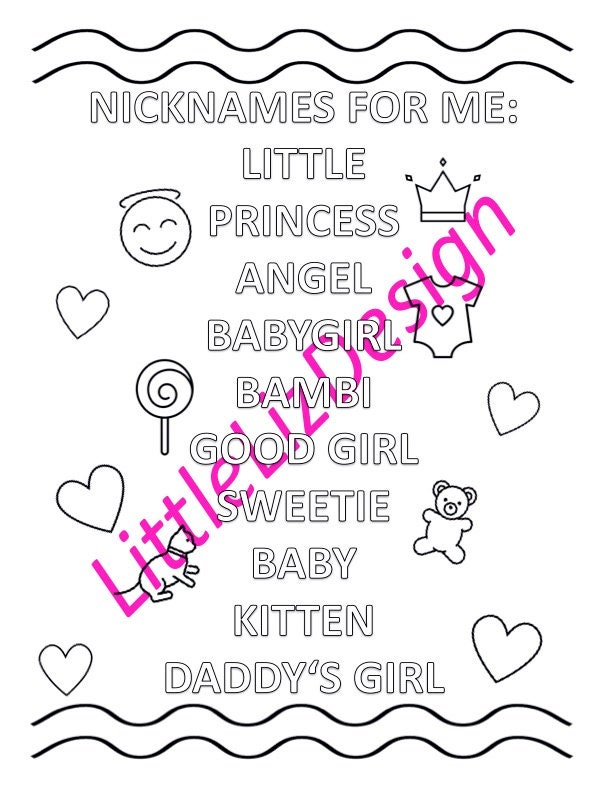 Nicknames for Me Ddlg Themed Printable Coloring Page Etsy Australia