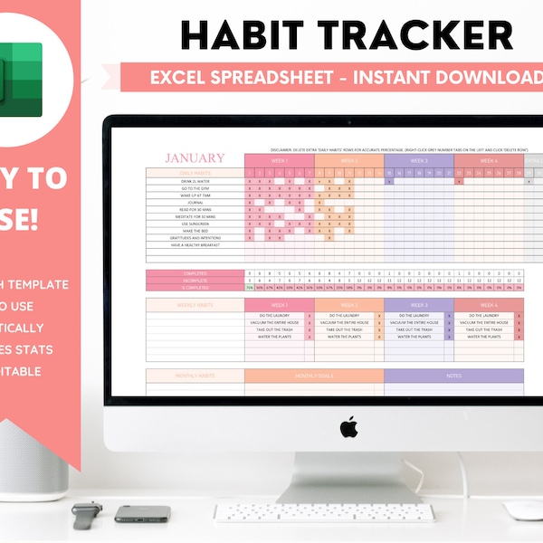 Habit Tracker Spreadsheet, Microsoft Excel, Daily, Weekly, Monthly, Annual, Goals Log, Planner