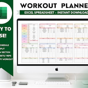 May include: A computer screen displaying a colorful Excel spreadsheet titled "Workout Planner". The spreadsheet is designed to help users plan their workouts, including weekly schedules, splits, and sets/reps. The text "EASY TO USE!" is displayed on the left side of the screen.