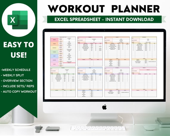 Workout Planner Spreadsheet, Microsoft Excel, Daily, Weekly, Fitness, Fitness Tracker, Split Training, Planner