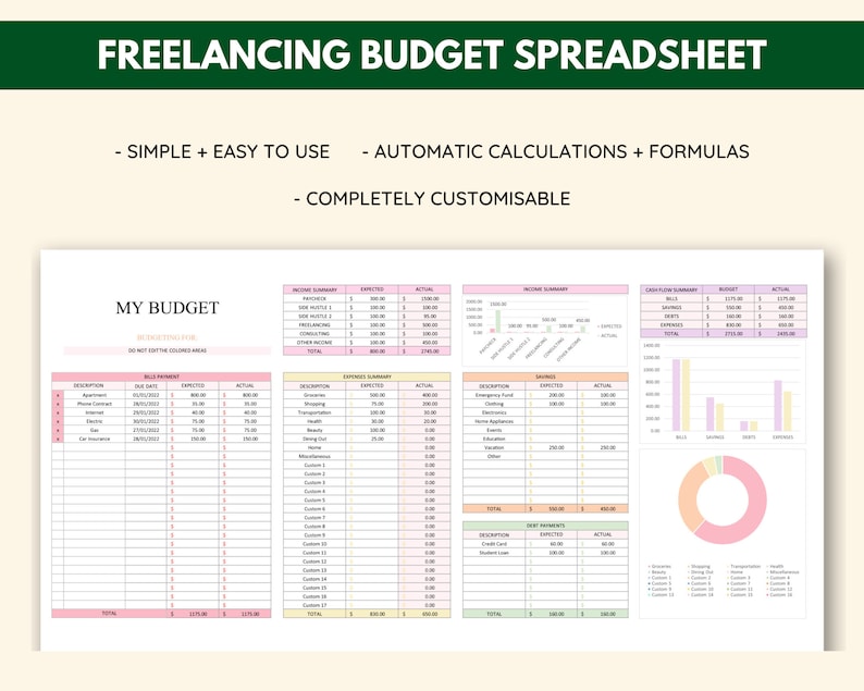 Freelancing Based Budget Spreadsheet, Monthly, Microsoft Excel, Personal Finance Dashboard ...