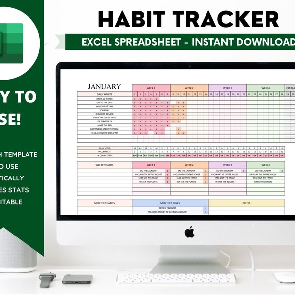 Habit Tracker Spreadsheet, Microsoft Excel, Dagelijks, Wekelijks, Maandelijks, Jaarlijks, Doelen Log, Planner