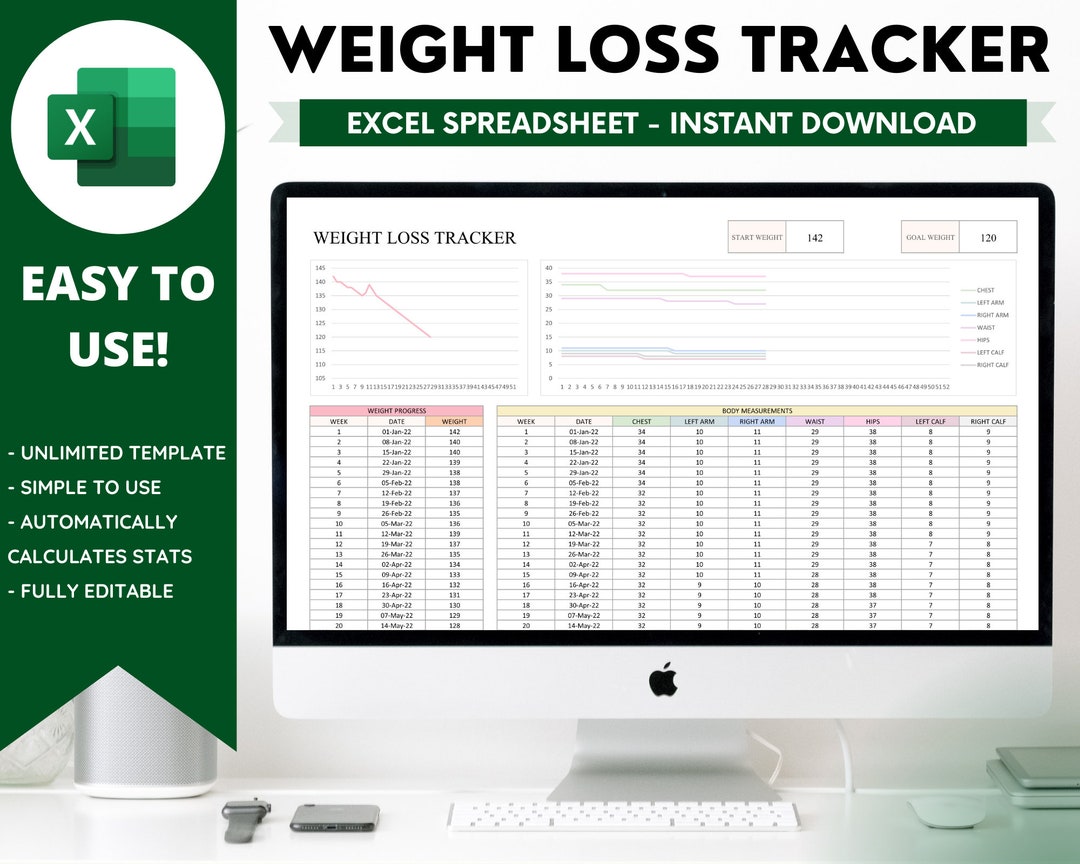 Weight Loss Tracker Spreadsheet, Microsoft Excel, Daily, Weekly