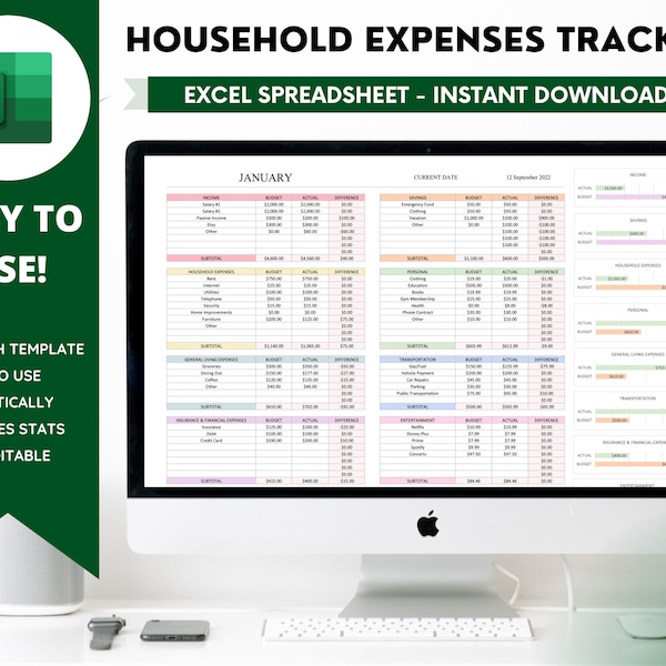 Household Expenses Budget Spreadsheet, Monthly Microsoft Excel, Personal Finance Dashboard, Savings, Yearly Overview