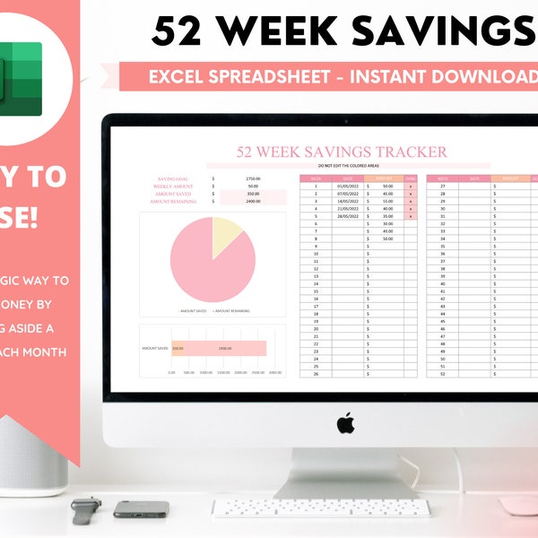 52 Weeks Savings Tracker, Microsoft Excel, Annual Finance Tracker, Weekly Progress, Monthly Budget Template