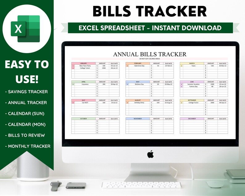 Annual Bills Tracker Spreadsheet Monthly Custom Microsoft Etsy