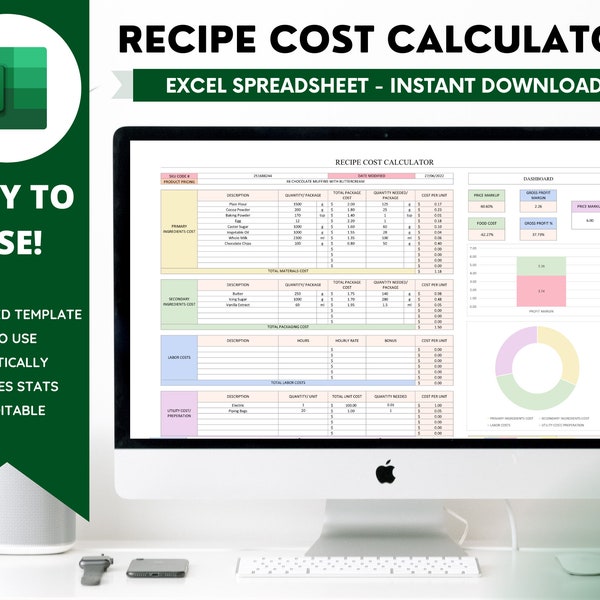 Recipe Cost Calculator, Product Pricing, Profit Margin Tracker, Microsoft Excel, Personal Finance Dashboard, Template