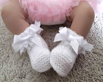 White lace knitted baby booties, premature, newborn, 0-3 months