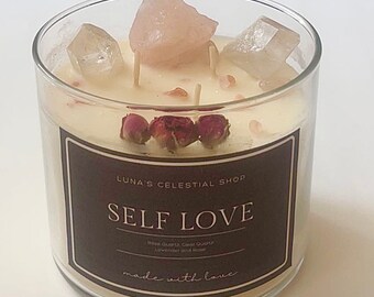 Self Love | Crystal Intention Candle | 14oz Crystal Candle | Rose Quartz