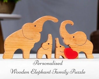 Personalized Wooden Elephant Family Puzzle, Wooden Animal Carvings, 7 Person Animal Figurines, Christmas Family Gifts, Gift for Elders