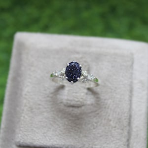 Handmade Oval Blue Sandstone Ring: Vintage 925 Sterling Silver