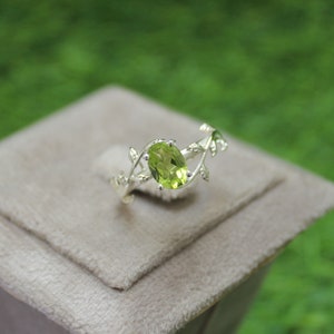August Birthstone Peridot Ring: Sterling Silver Leaf Band, Nature Inspired