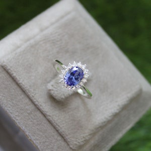 Lab Tanzanite Engagement Ring: Sterling Silver, CZ Diamond Halo