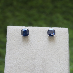 Genuine lab grown Blue sapphire stud earrings, Halo sapphire earrings, blue bridal earrings, cushion sapphire earrings, cluster earrings