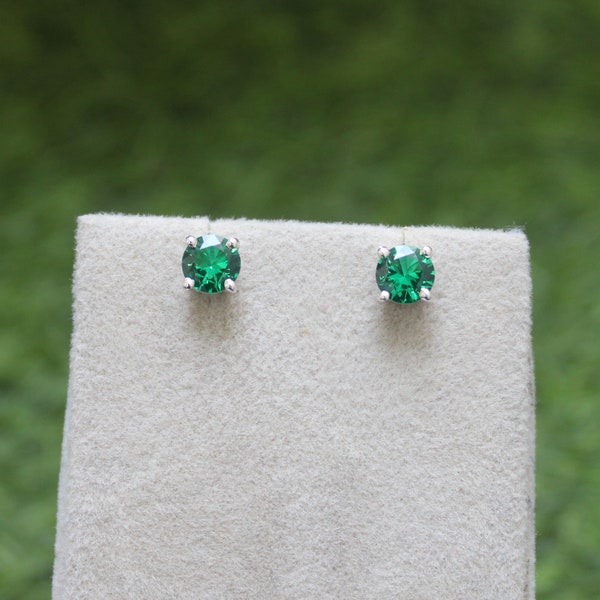 Lab created emerald stud earrings, 925 Sterling Silver stud earrings, Lab grown round cut stud earrings, emerald wedding stud earrings