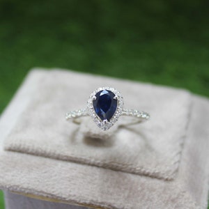 Lab Created Blue Sapphire Ring, Sterling Silver Ring, Proposal Ring, Pear Cut Halo Sapphire Ring, Wedding Ring for Women