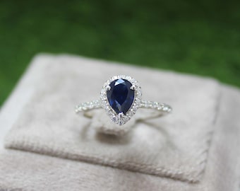 Lab Created Blue Sapphire Ring, Sterling Silver Ring, Proposal Ring, Pear Cut Halo Sapphire Ring, Wedding Ring for Women