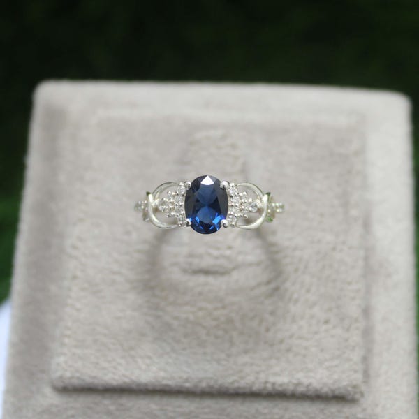 Oval Lab Blue Sapphire Engagement Ring, Sterling Silver, CZ Accents, Bridal Anniversary Ring