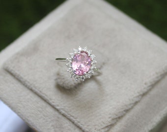 Oval Pink Sapphire Ring: CZ Diamond Halo, 925 Sterling Silver