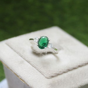 Oval Cut Emerald Engagement Ring, Sterling Silver Ring, Vintage Oval Cut Ring, Art Deco Anniversary Promise Bridal Ring