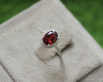 Natural Garnet Ring: Oval Cut Sterling Silver January Birthstone