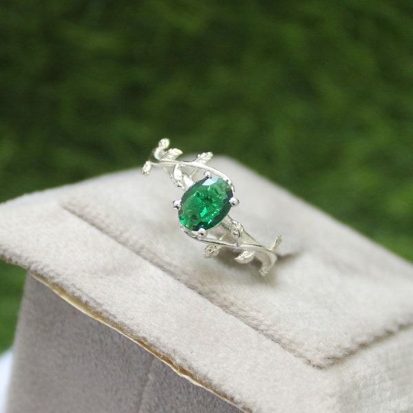 Handmade Emerald Ring: 925 Sterling Silver Leaf Band, May Birthstone