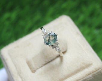 Oval Moss Agate Engagement Ring: Vintage Sterling Silver Bridal Ring