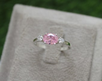 Sterling Silver Oval Pink Sapphire Cluster Ring, Vintage Engagement Promise Ring