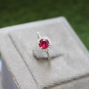 Vintage Lab Ruby Engagement Ring: Diamond Halo, Sterling Silver