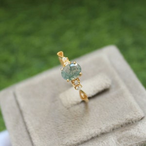 925 Silver Green Moss Agate Ring, Halo Engagement Ring, Moss Agate Wedding Ring, Gold Plated Band, Birthstone Jewelry