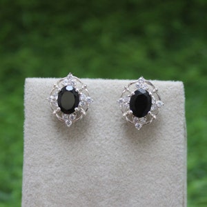 Oval cut black onyx earrings, silver studs, gemstone vintage earrings, statement earrings, gift for women, wedding gift, Birthstone