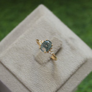 Oval Moss Agate Ring: Gold Plated Sterling Silver CZ Diamond Ring